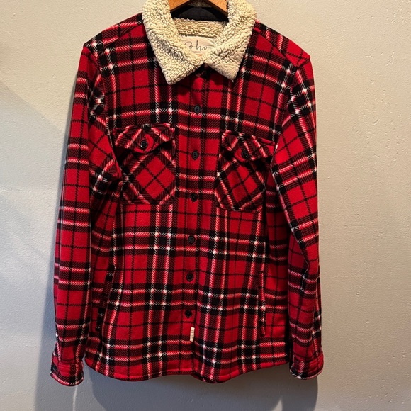 Soho Threads Red Plaid Sherpa Collar Jacket Cozy Warm Button Up Coat Fleece - Picture 1 of 11
